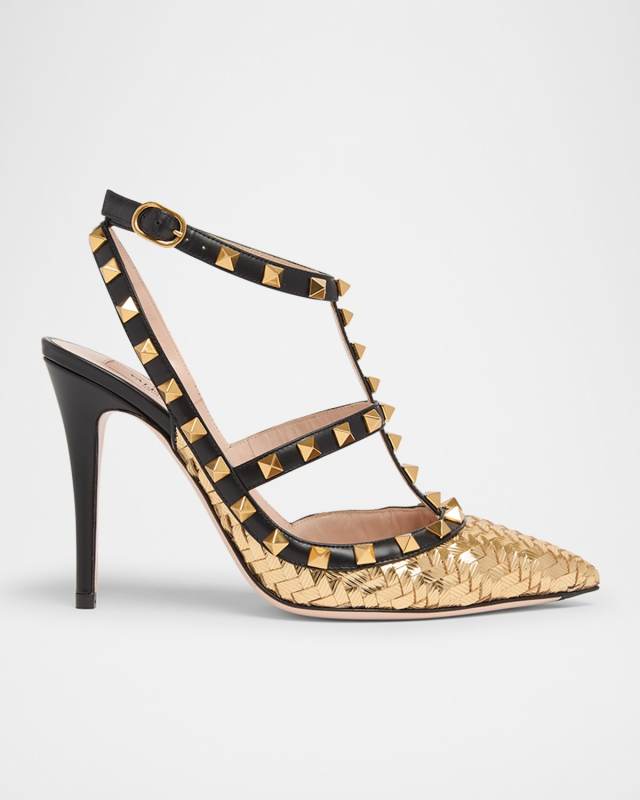 100mm Rockstud Intreccio Metallic Leather Ankle-Strap Pumps